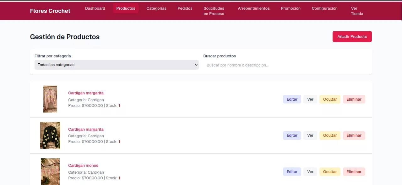 Gestión de productos en el panel de Flores Crochet: filtro por categoría y buscador, con el listado de prendas mostrando miniatura, categoría, precio y stock, y las acciones de editar, ver, ocultar y eliminar en cada una.