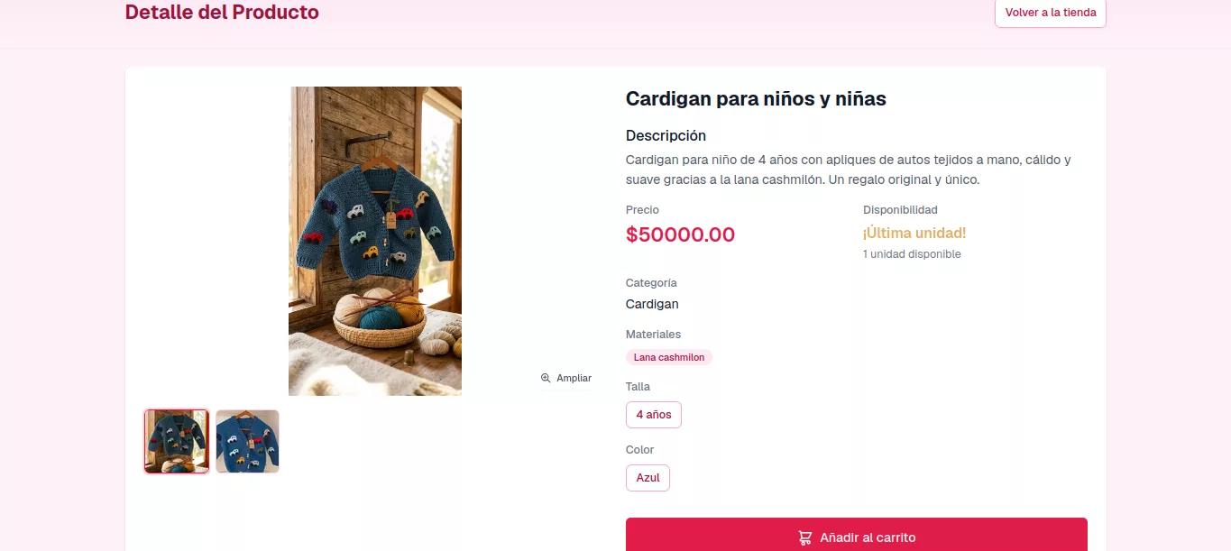 Detalle de producto en Flores Crochet: galería con miniaturas y opción de ampliar, descripción de la prenda, precio, aviso de última unidad disponible, categoría, materiales, talla y color, y botón para añadir al carrito.