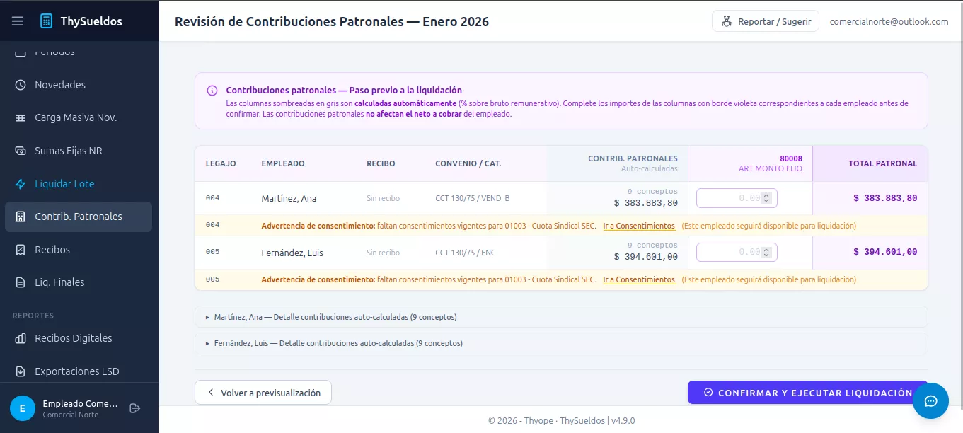 Pantalla de revisión de contribuciones patronales en ThySueldos, paso previo a la liquidación: contribuciones auto-calculadas por empleado, total patronal y advertencias de consentimiento antes de confirmar.