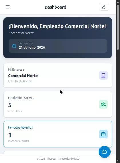Dashboard de ThySueldos en celular: vista responsive con menú hamburguesa y tarjetas de métricas apiladas en una sola columna.