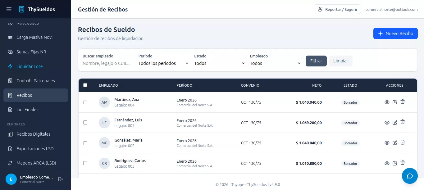 Listado de Recibos de Sueldo en ThySueldos: tabla con empleado, período, convenio, neto y estado (Borrador), con filtros por empleado, período y estado.