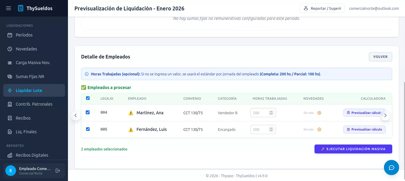 Previsualización de liquidación por lote en ThySueldos: listado de empleados a procesar con legajo, convenio, categoría, horas trabajadas y botón para ejecutar la liquidación masiva.